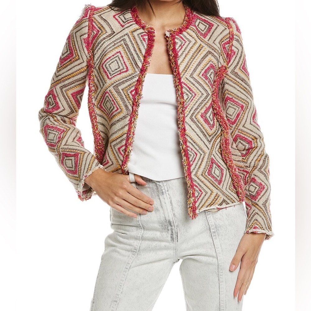 IRO Kolie Jacket Women's 42 Jacquard Geo Patterned Fringe Tweed Beige Pink